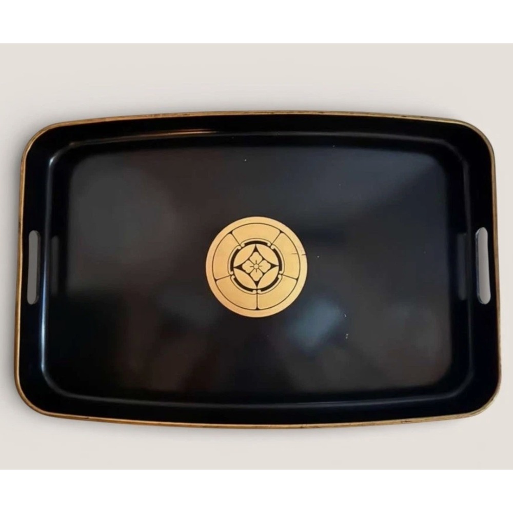 Japanese Obon Tray Black Lacquer Ware Floral Geometric Pattern 19" X 12.5"